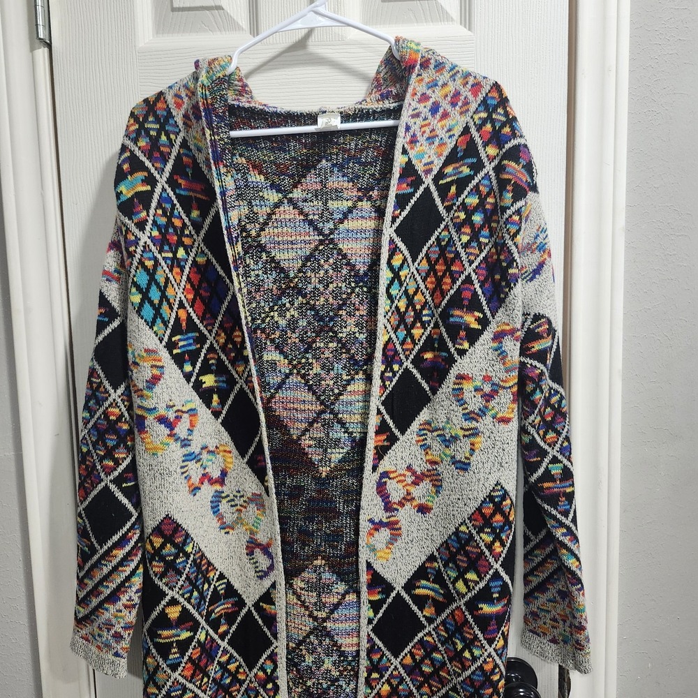 Pinklicious Hooded Cardigan Sweater M Colorful Boho Aztec Long Duster - Picture 4 of 16